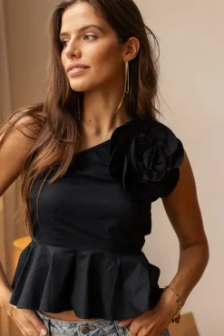 Zwarte One-shoulder Top Met Grote Bloem