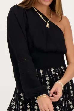Zwarte One-shoulder Top Met Smock En Tapes