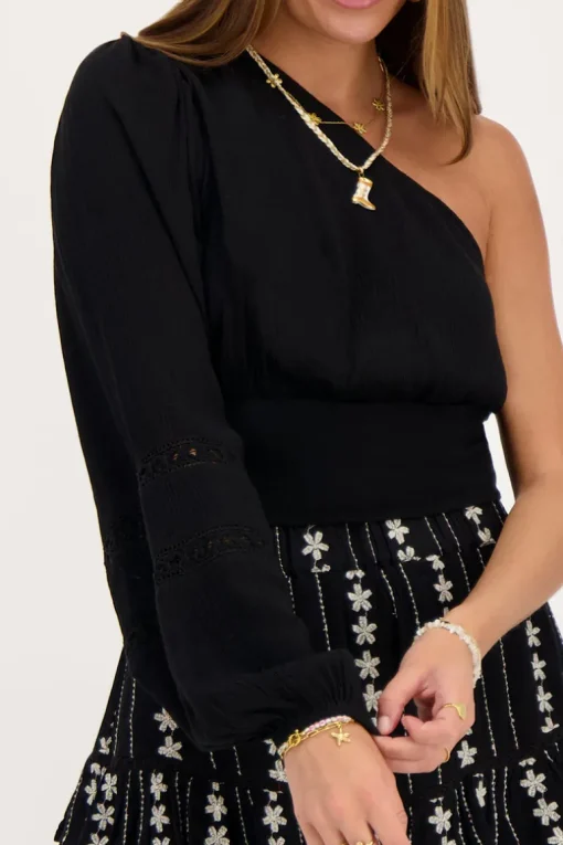 Zwarte One-shoulder Top Met Smock En Tapes