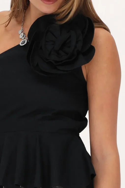 Zwarte One-shoulder Top Met Grote Bloem
