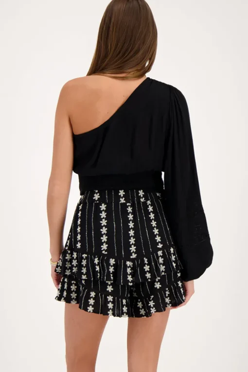 Zwarte One-shoulder Top Met Smock En Tapes