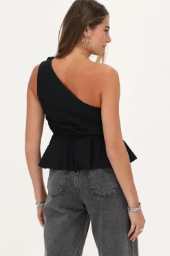 Zwarte One-shoulder Top Met Grote Bloem
