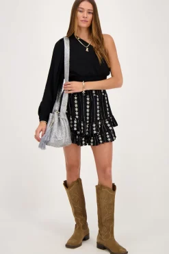 Zwarte One-shoulder Top Met Smock En Tapes