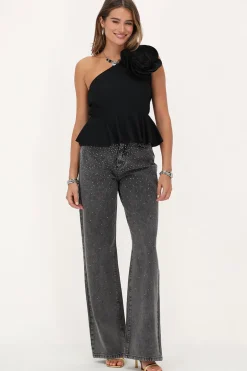 Zwarte One-shoulder Top Met Grote Bloem