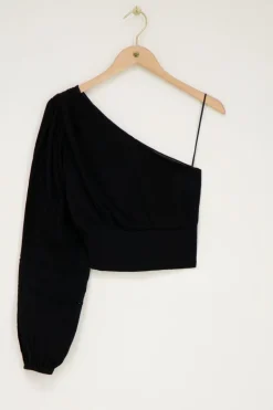 Zwarte One-shoulder Top Met Smock En Tapes