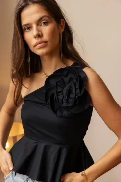 Zwarte One-shoulder Top Met Grote Bloem