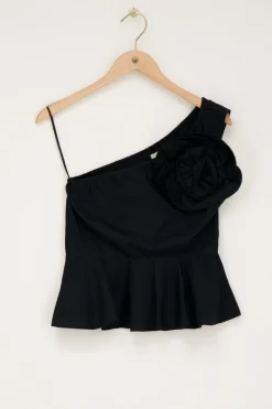 Zwarte One-shoulder Top Met Grote Bloem