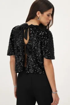 Zwarte Pailletten Top Met Strikjes
