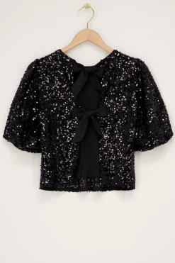 Zwarte Pailletten Top Met Strikjes