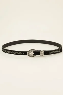 Zwarte Riem Met Embroidery En Zilveren Gesp