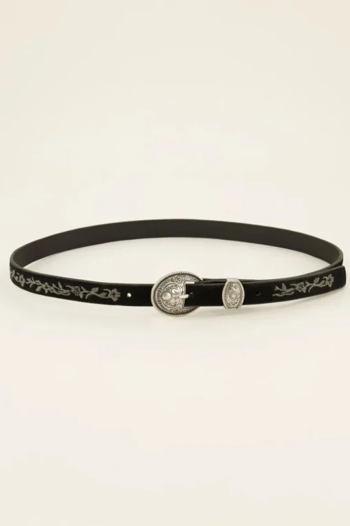 Zwarte Riem Met Embroidery En Zilveren Gesp