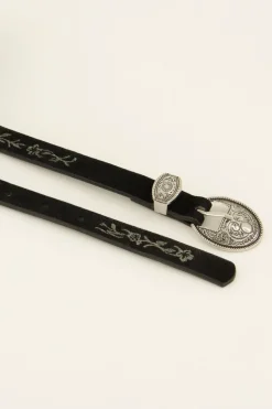 Zwarte Riem Met Embroidery En Zilveren Gesp