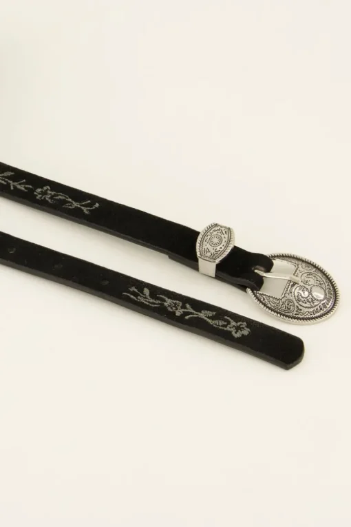 Zwarte Riem Met Embroidery En Zilveren Gesp