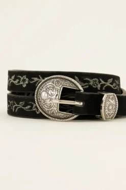 Zwarte Riem Met Embroidery En Zilveren Gesp
