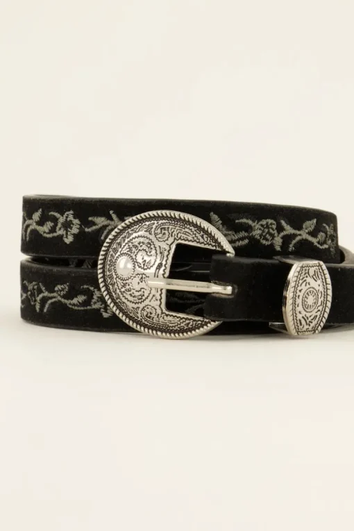 Zwarte Riem Met Embroidery En Zilveren Gesp