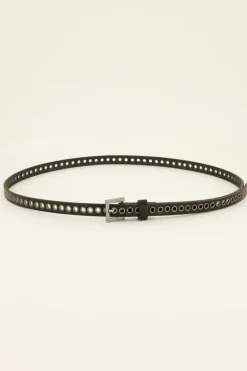 Zwarte Smalle Riem Met Zilveren Studs & Details
