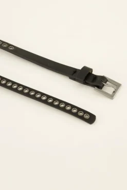 Zwarte Smalle Riem Met Zilveren Studs & Details