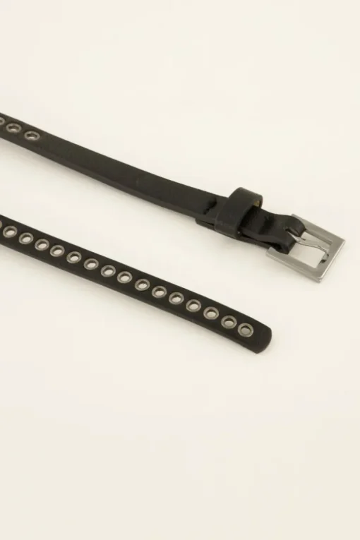 Zwarte Smalle Riem Met Zilveren Studs & Details