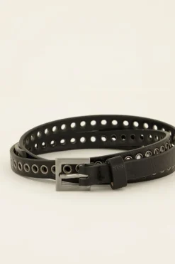 Zwarte Smalle Riem Met Zilveren Studs & Details