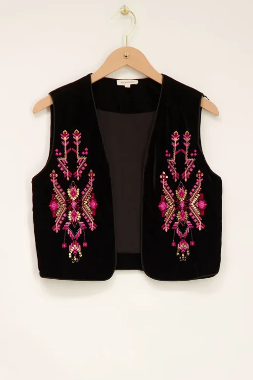 Zwarte Velvet Gilet Met Roze Embroidery