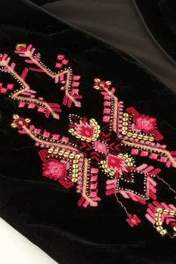 Zwarte Velvet Gilet Met Roze Embroidery