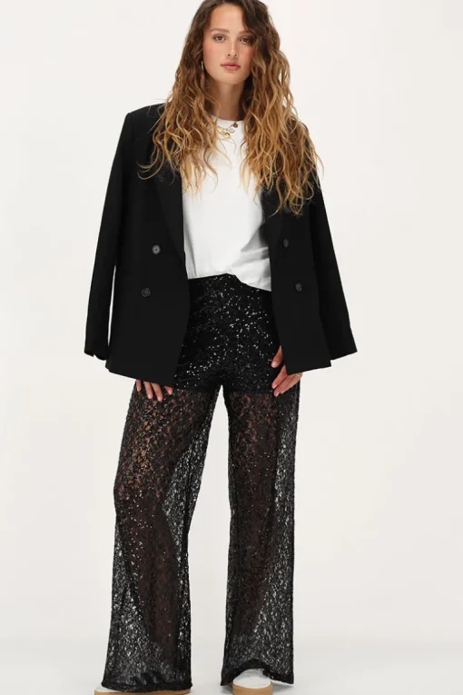 Zwarte Wide Leg Broek Met Pailletten