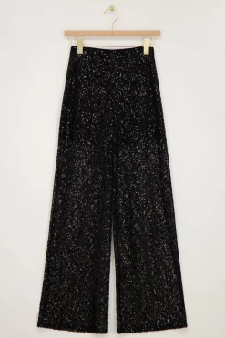 Zwarte Wide Leg Broek Met Pailletten