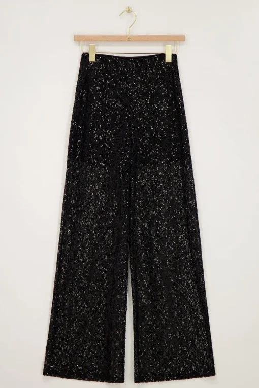 Zwarte Wide Leg Broek Met Pailletten