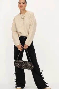 Zwarte Wide Leg Jeans Met Strikjes
