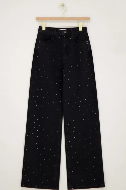 Zwarte Wide Leg Jeans Met Steentjes