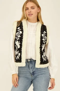 Zwart-wit Teddy Gilet Met Embroidery