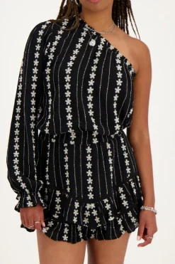Zwart-witte One-shoulder Top Met Embroidery