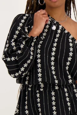 Zwart-witte One-shoulder Top Met Embroidery