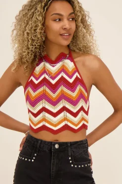 Ajour Haltertop Met Zigzag Print