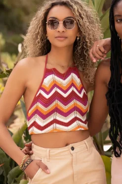 Ajour Haltertop Met Zigzag Print