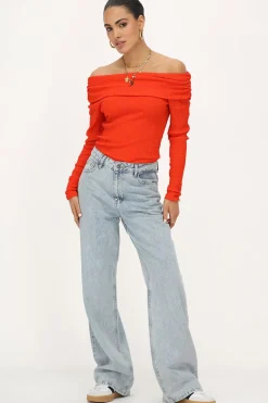 Oranje Off-shoulder Top Met Structuur