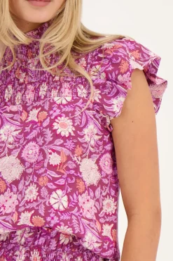 Paarse Top Met Roze Bloemenprint En Smock