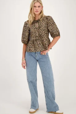 Panter Top Met Strikjes En Pofmouwen