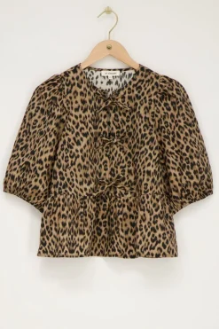 Panter Top Met Strikjes En Pofmouwen