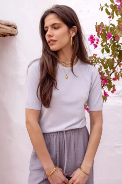 Zilveren Lurex Top Met Korte Mouwen