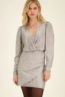 Zilveren Metallic Jurk Met Overslag En Pofmouwen