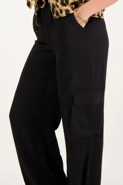 Zwarte Cargo Wide Leg Met Satijnen Look