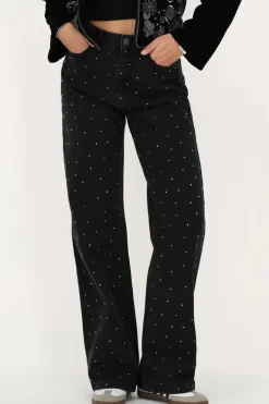 Zwarte Wide Leg Jeans Met Steentjes